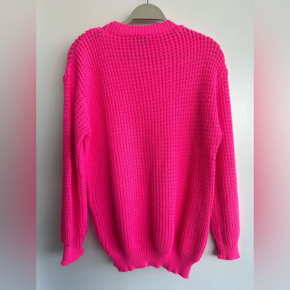 Women's Crewneck Waffle Sweater in Hot Pink - Picture 5 of 6